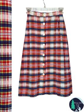 Hunter Sportswear Skirt A-Line Madras Plaid Button Front Seersucker 80s Small